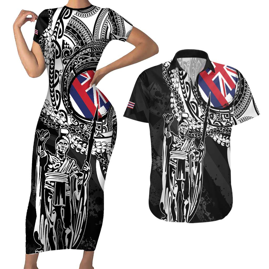Hawaii King Flag Couples Matching Short Sleeve Bodycon Dress and Hawaiian Shirt Hawaiian Maile Lei - Polynesian Pride