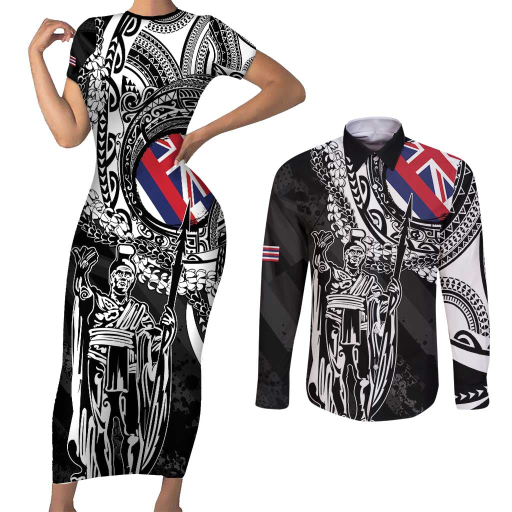 Hawaii King Flag Couples Matching Short Sleeve Bodycon Dress and Long Sleeve Button Shirt Hawaiian Maile Lei - Polynesian Pride