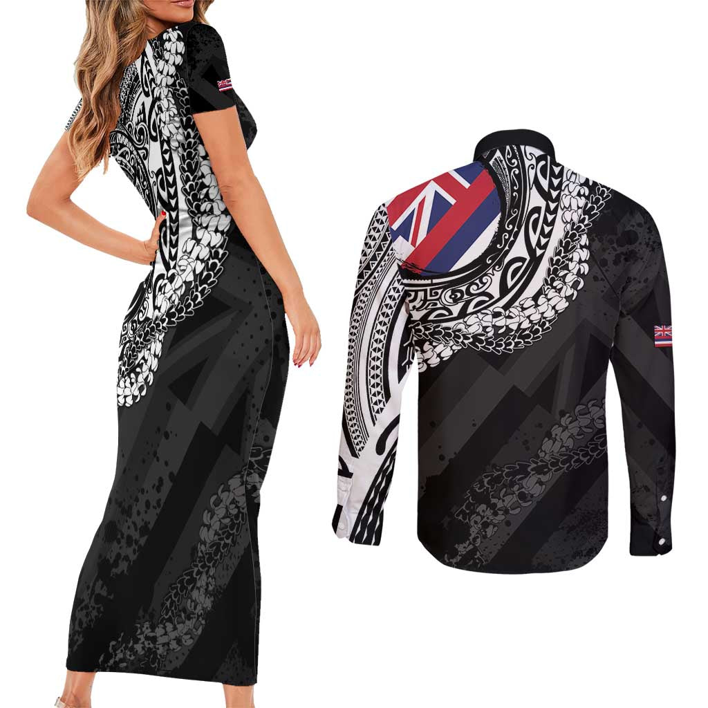 Hawaii King Flag Couples Matching Short Sleeve Bodycon Dress and Long Sleeve Button Shirt Hawaiian Maile Lei - Polynesian Pride