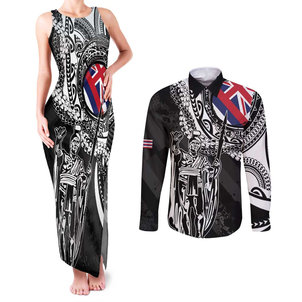 Hawaii King Flag Couples Matching Tank Maxi Dress and Long Sleeve Button Shirt Hawaiian Maile Lei - Polynesian Pride