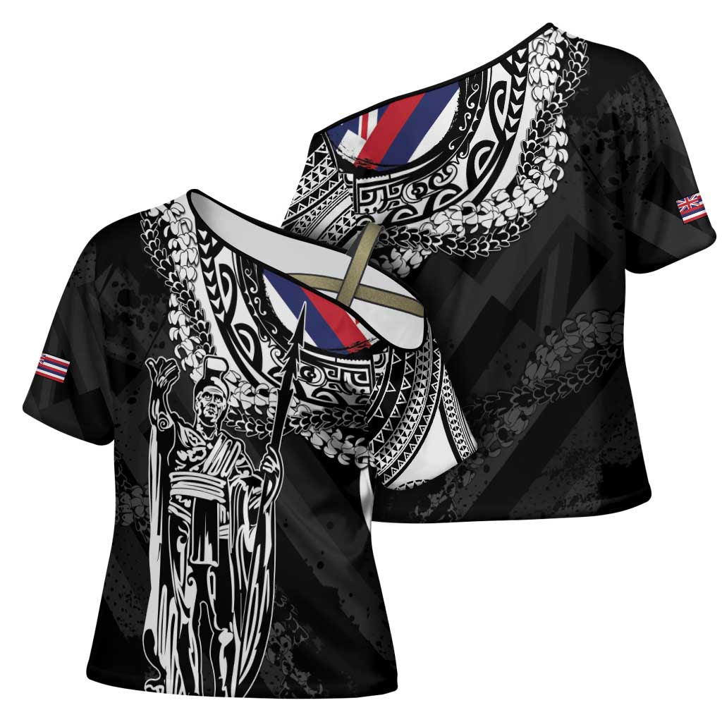 Hawaii King Flag Cross Shoulder Shirt Hawaiian Maile Lei - Polynesian Pride
