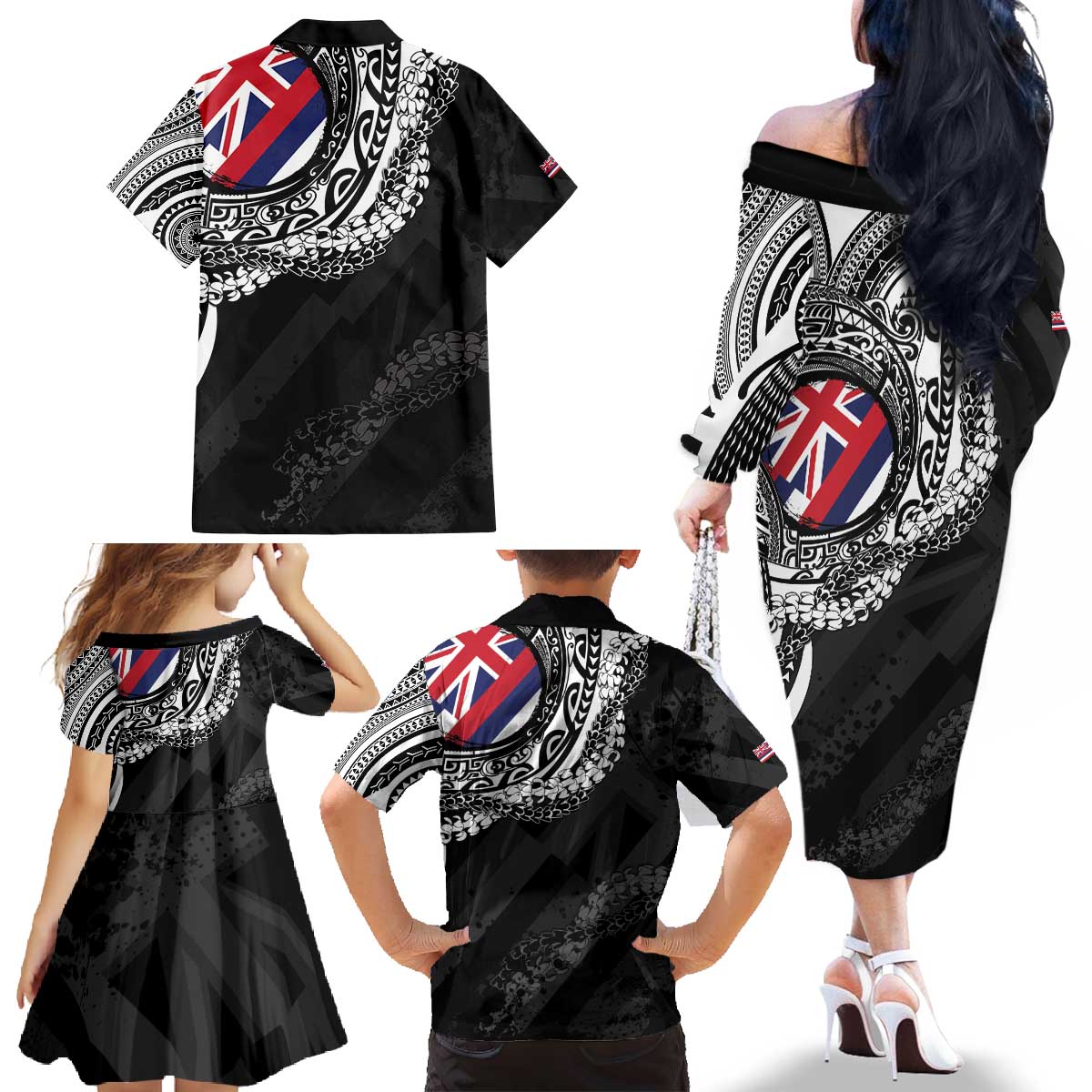 Hawaii King Flag Family Matching Off The Shoulder Long Sleeve Dress and Hawaiian Shirt Hawaiian Maile Lei - Polynesian Pride