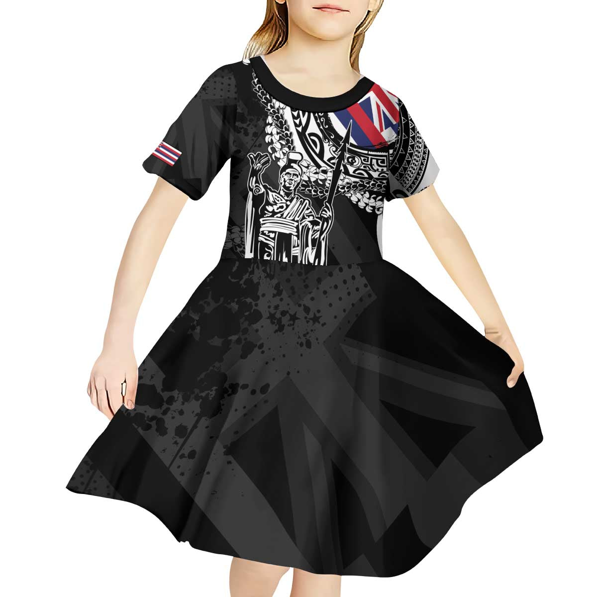 Hawaii King Flag Kid Short Sleeve Dress Hawaiian Maile Lei - Polynesian Pride