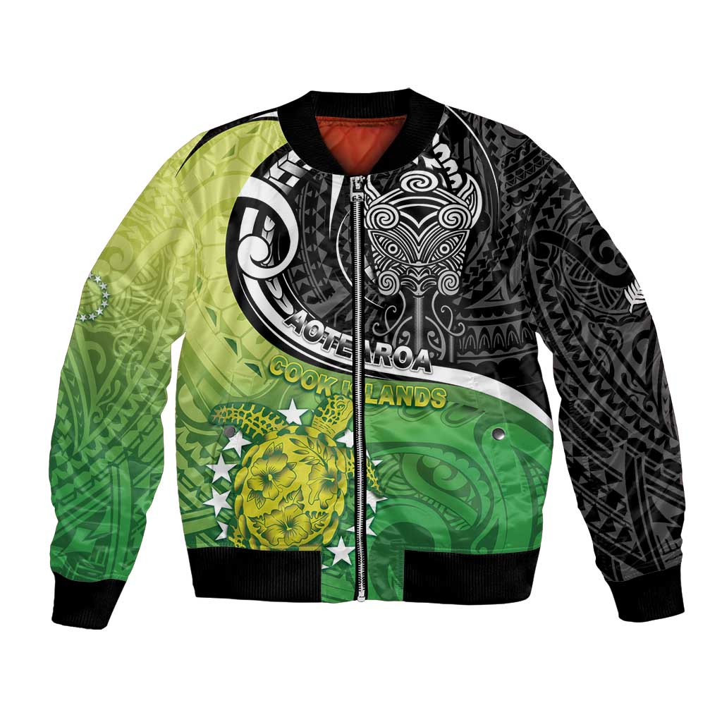 Custom New Zealand Cook Islands Bomber Jacket Maori Tiki With Circle Stars Turtle - Polynesian Pride