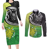 Custom New Zealand Cook Islands Couples Matching Long Sleeve Bodycon Dress and Long Sleeve Button Shirt Maori Tiki With Circle Stars Turtle - Polynesian Pride