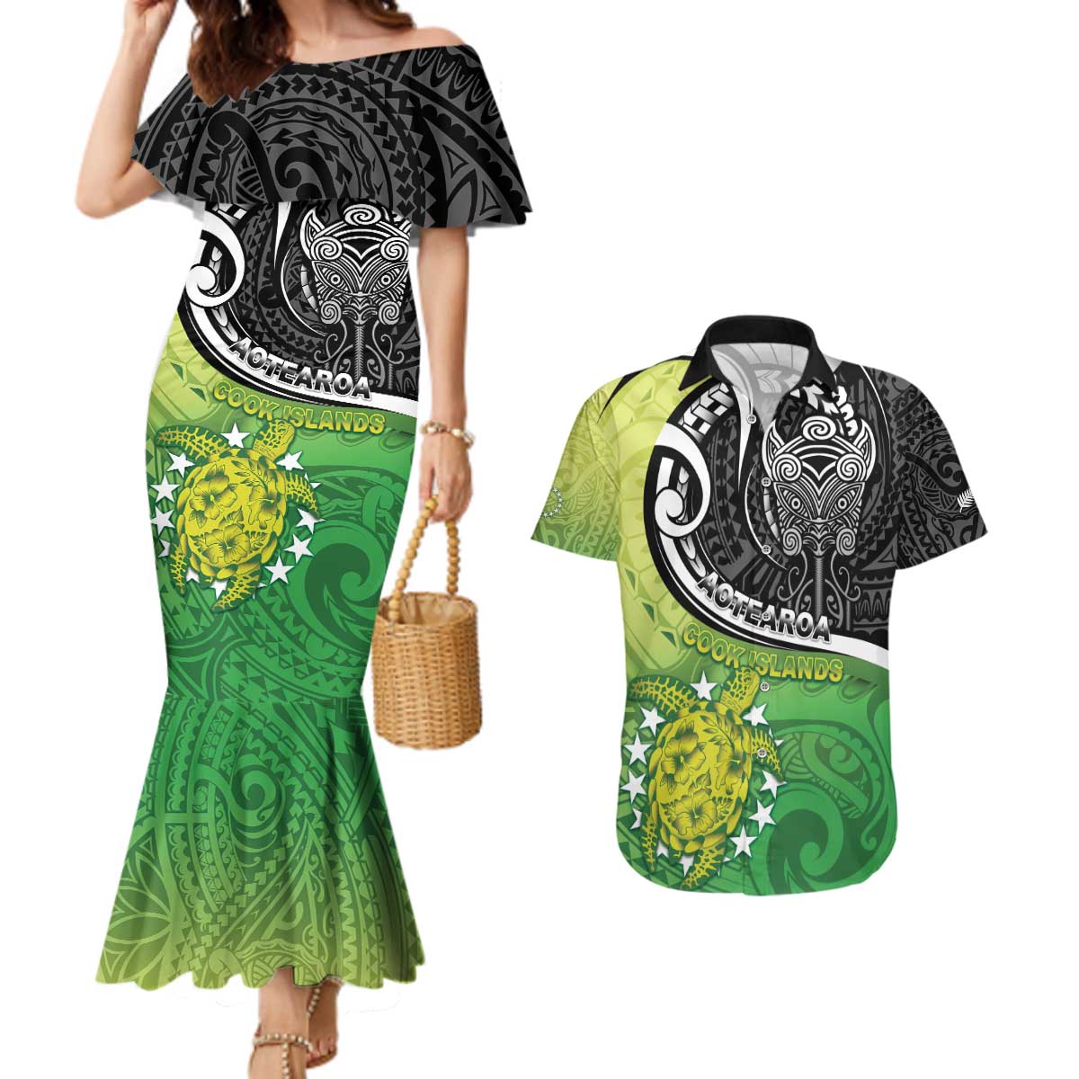 Custom New Zealand Cook Islands Couples Matching Mermaid Dress and Hawaiian Shirt Maori Tiki With Circle Stars Turtle - Polynesian Pride