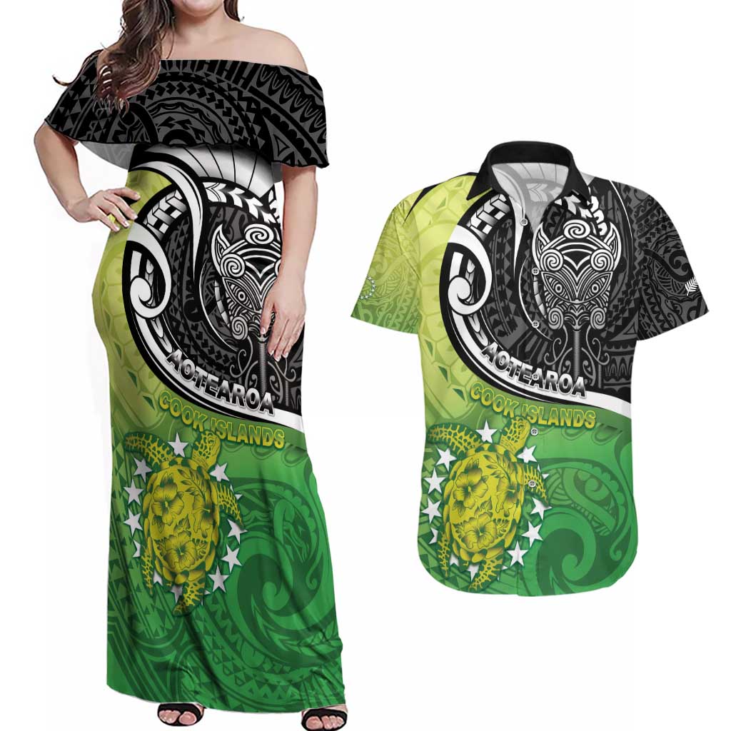 Custom New Zealand Cook Islands Couples Matching Off Shoulder Maxi Dress and Hawaiian Shirt Maori Tiki With Circle Stars Turtle - Polynesian Pride
