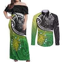 Custom New Zealand Cook Islands Couples Matching Off Shoulder Maxi Dress and Long Sleeve Button Shirt Maori Tiki With Circle Stars Turtle - Polynesian Pride