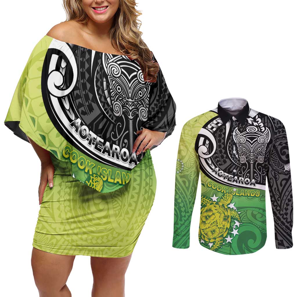 Custom New Zealand Cook Islands Couples Matching Off Shoulder Short Dress and Long Sleeve Button Shirt Maori Tiki With Circle Stars Turtle - Polynesian Pride