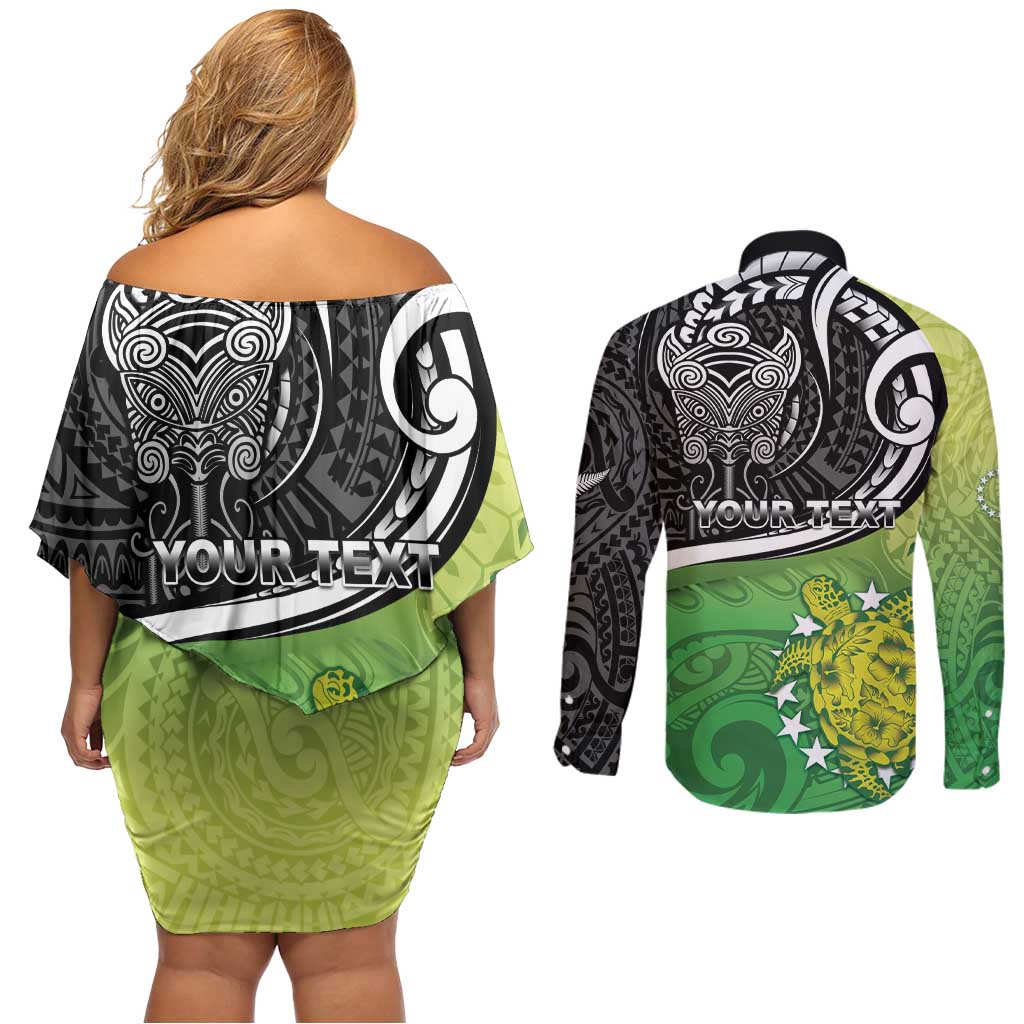 Custom New Zealand Cook Islands Couples Matching Off Shoulder Short Dress and Long Sleeve Button Shirt Maori Tiki With Circle Stars Turtle - Polynesian Pride