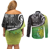 Custom New Zealand Cook Islands Couples Matching Off Shoulder Short Dress and Long Sleeve Button Shirt Maori Tiki With Circle Stars Turtle - Polynesian Pride