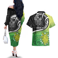 Custom New Zealand Cook Islands Couples Matching Off The Shoulder Long Sleeve Dress and Hawaiian Shirt Maori Tiki With Circle Stars Turtle - Polynesian Pride