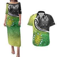 Custom New Zealand Cook Islands Couples Matching Puletasi and Hawaiian Shirt Maori Tiki With Circle Stars Turtle - Polynesian Pride