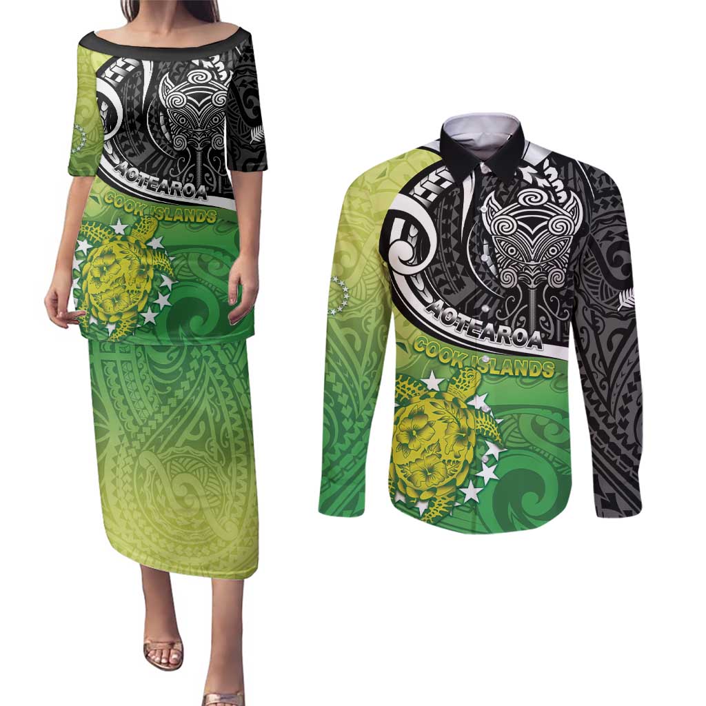 Custom New Zealand Cook Islands Couples Matching Puletasi and Long Sleeve Button Shirt Maori Tiki With Circle Stars Turtle - Polynesian Pride