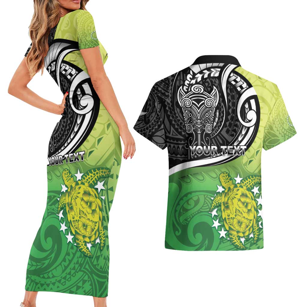 Custom New Zealand Cook Islands Couples Matching Short Sleeve Bodycon Dress and Hawaiian Shirt Maori Tiki With Circle Stars Turtle - Polynesian Pride