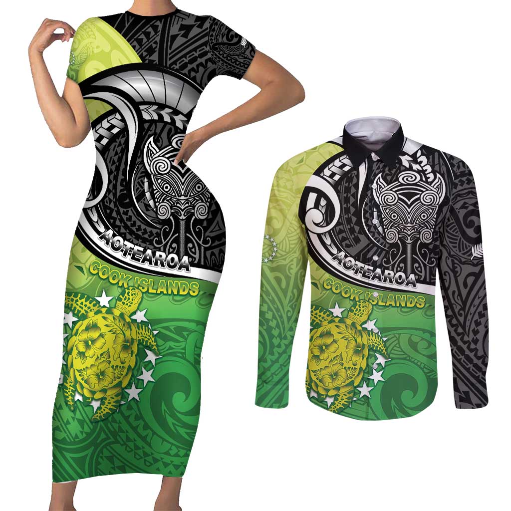 Custom New Zealand Cook Islands Couples Matching Short Sleeve Bodycon Dress and Long Sleeve Button Shirt Maori Tiki With Circle Stars Turtle - Polynesian Pride