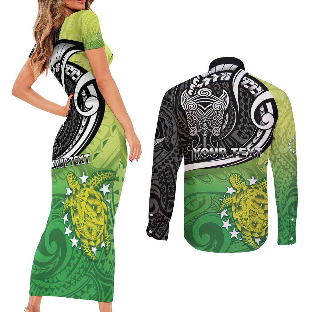 Custom New Zealand Cook Islands Couples Matching Short Sleeve Bodycon Dress and Long Sleeve Button Shirt Maori Tiki With Circle Stars Turtle - Polynesian Pride
