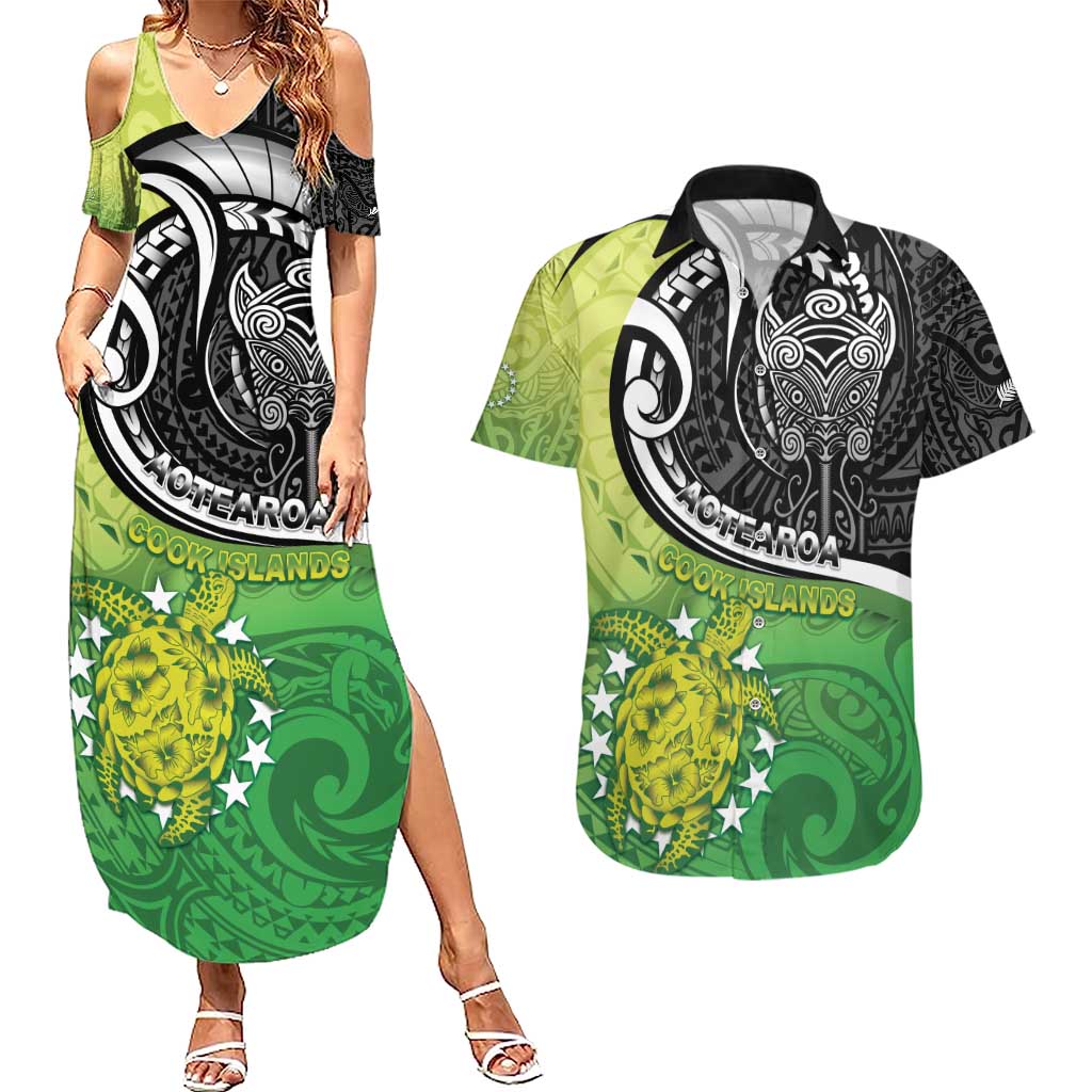 Custom New Zealand Cook Islands Couples Matching Summer Maxi Dress and Hawaiian Shirt Maori Tiki With Circle Stars Turtle - Polynesian Pride
