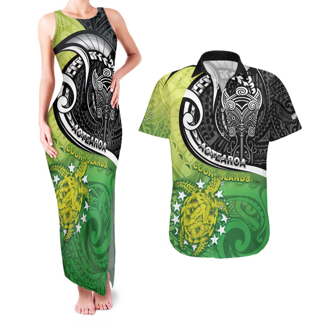 Custom New Zealand Cook Islands Couples Matching Tank Maxi Dress and Hawaiian Shirt Maori Tiki With Circle Stars Turtle - Polynesian Pride