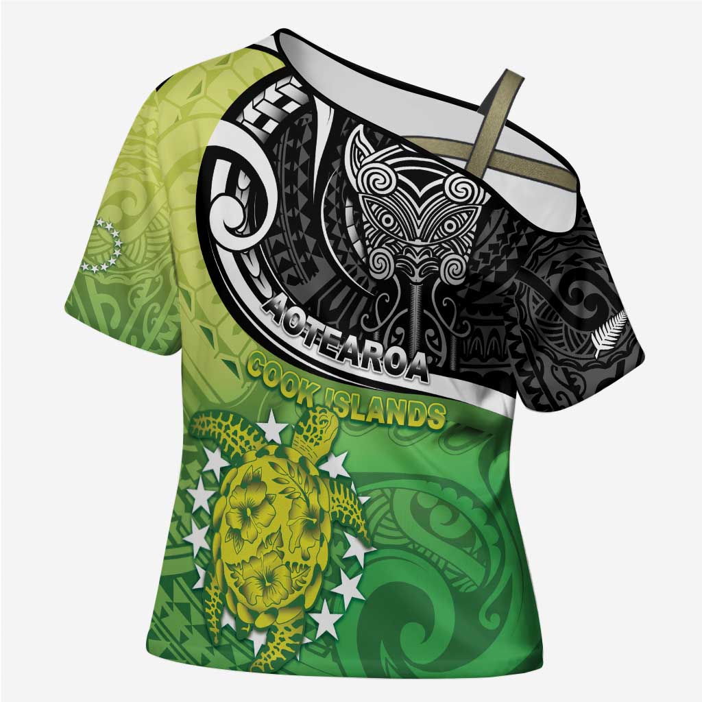 Custom New Zealand Cook Islands Cross Shoulder Shirt Maori Tiki With Circle Stars Turtle - Polynesian Pride