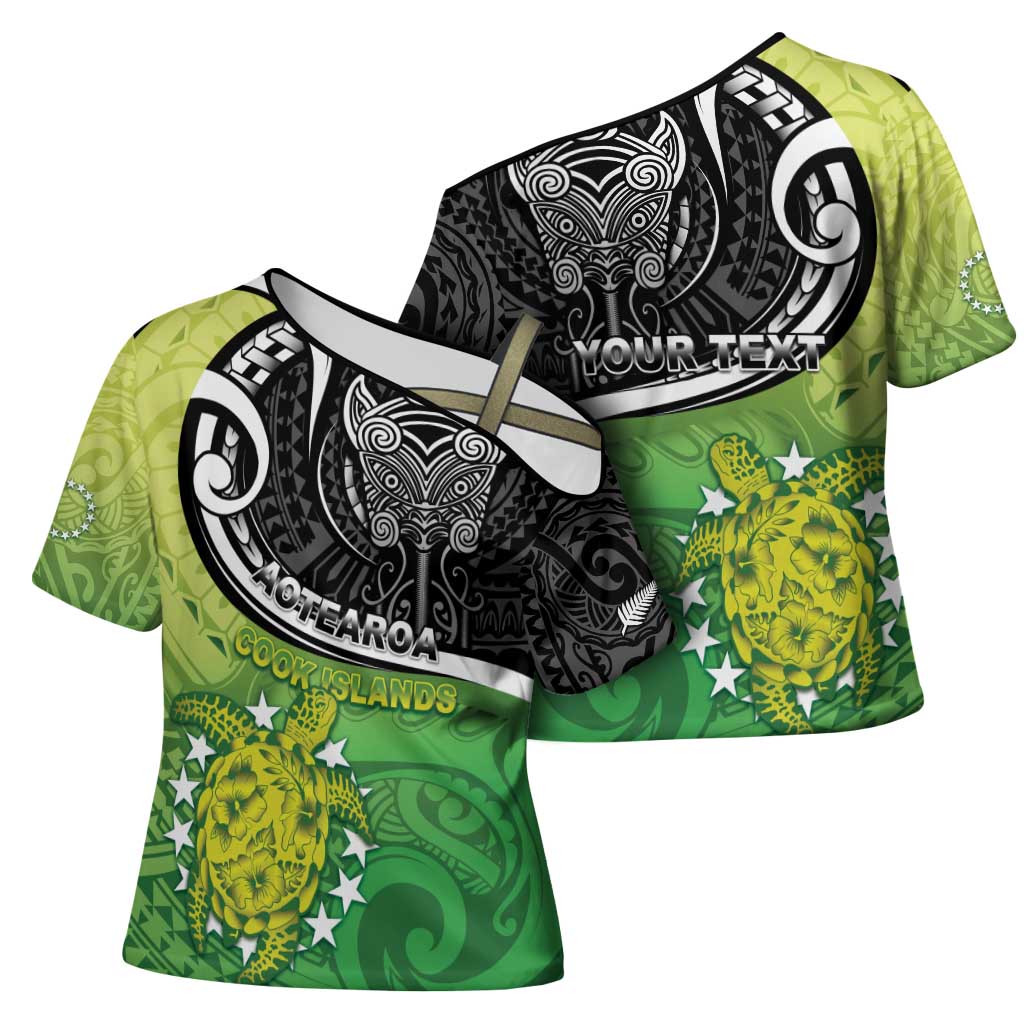 Custom New Zealand Cook Islands Cross Shoulder Shirt Maori Tiki With Circle Stars Turtle - Polynesian Pride