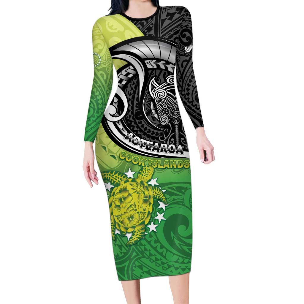 Custom New Zealand Cook Islands Family Matching Long Sleeve Bodycon Dress and Hawaiian Shirt Maori Tiki With Circle Stars Turtle - Polynesian Pride