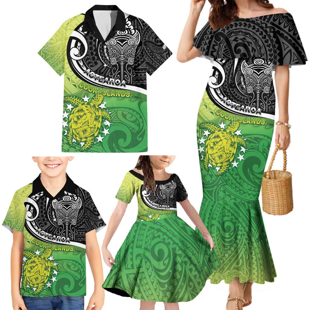 Custom New Zealand Cook Islands Family Matching Mermaid Dress and Hawaiian Shirt Maori Tiki With Circle Stars Turtle - Polynesian Pride