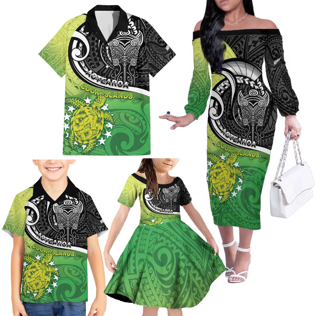 Custom New Zealand Cook Islands Family Matching Off The Shoulder Long Sleeve Dress and Hawaiian Shirt Maori Tiki With Circle Stars Turtle - Polynesian Pride