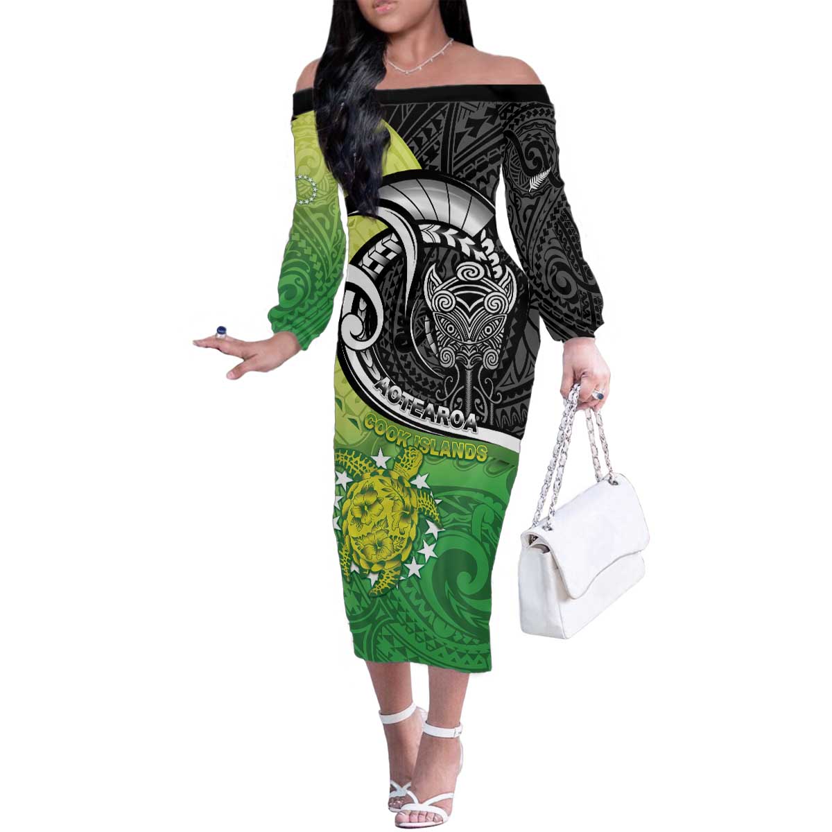 Custom New Zealand Cook Islands Family Matching Off The Shoulder Long Sleeve Dress and Hawaiian Shirt Maori Tiki With Circle Stars Turtle - Polynesian Pride