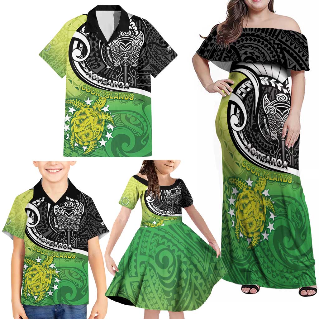 Custom New Zealand Cook Islands Family Matching Off Shoulder Maxi Dress and Hawaiian Shirt Maori Tiki With Circle Stars Turtle - Polynesian Pride