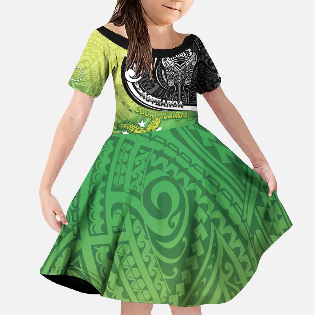 Custom New Zealand Cook Islands Family Matching Short Sleeve Bodycon Dress and Hawaiian Shirt Maori Tiki With Circle Stars Turtle - Polynesian Pride