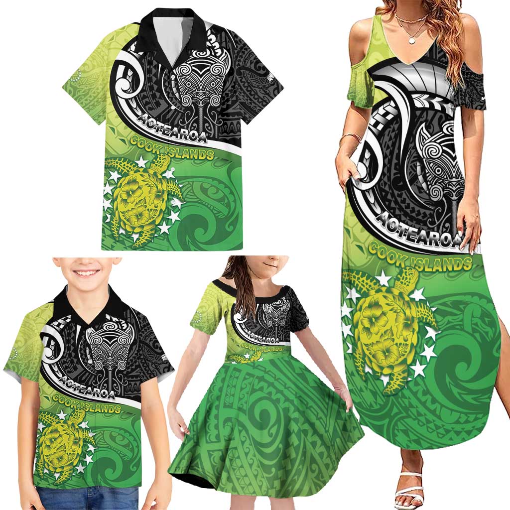 Custom New Zealand Cook Islands Family Matching Summer Maxi Dress and Hawaiian Shirt Maori Tiki With Circle Stars Turtle - Polynesian Pride