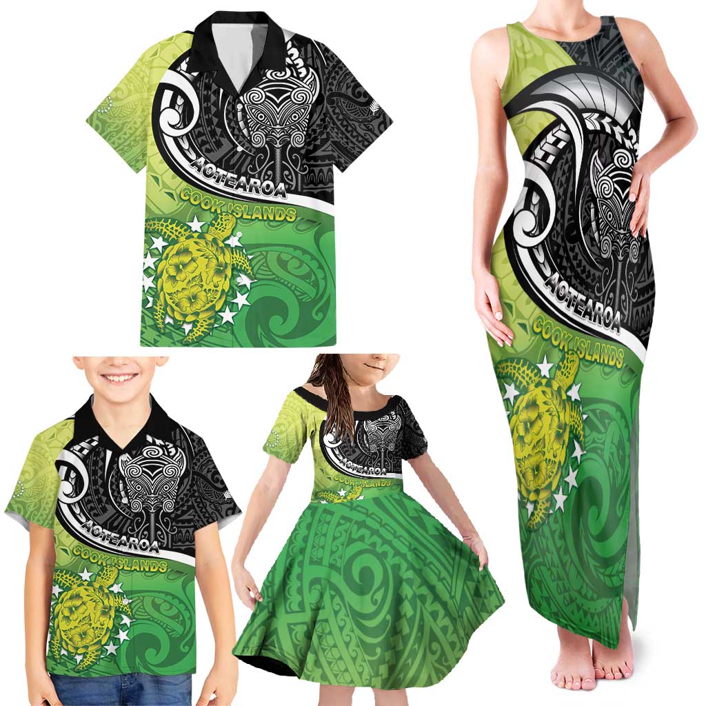 Custom New Zealand Cook Islands Family Matching Tank Maxi Dress and Hawaiian Shirt Maori Tiki With Circle Stars Turtle - Polynesian Pride