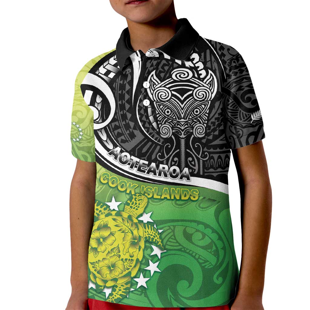Custom New Zealand Cook Islands Kid Polo Shirt Maori Tiki With Circle Stars Turtle - Polynesian Pride