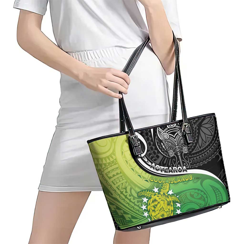 New Zealand Cook Islands Leather Tote Bag Maori Tiki With Circle Stars Turtle - Polynesian Pride