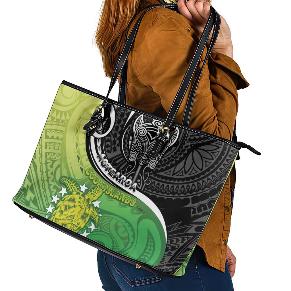 New Zealand Cook Islands Leather Tote Bag Maori Tiki With Circle Stars Turtle - Polynesian Pride