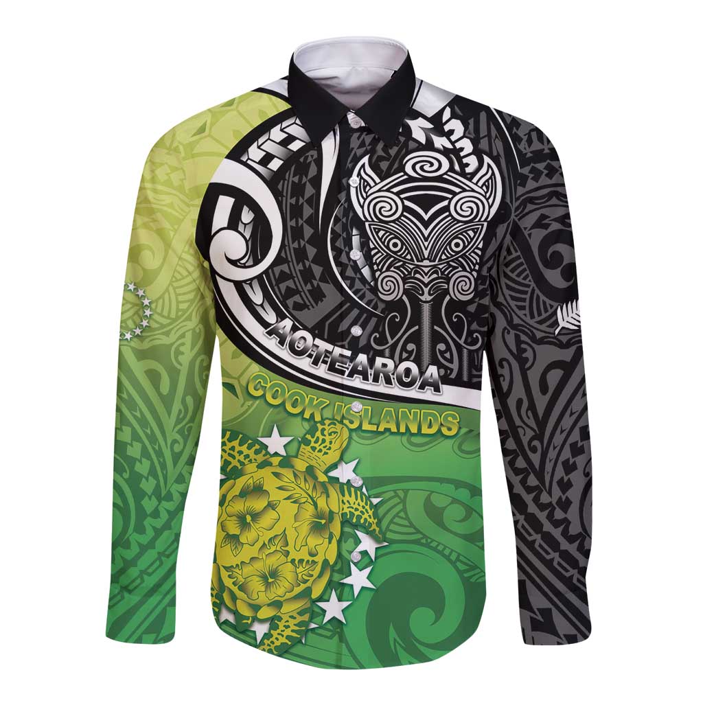 Custom New Zealand Cook Islands Long Sleeve Button Shirt Maori Tiki With Circle Stars Turtle - Polynesian Pride