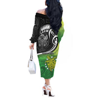 Custom New Zealand Cook Islands Off The Shoulder Long Sleeve Dress Maori Tiki With Circle Stars Turtle - Polynesian Pride
