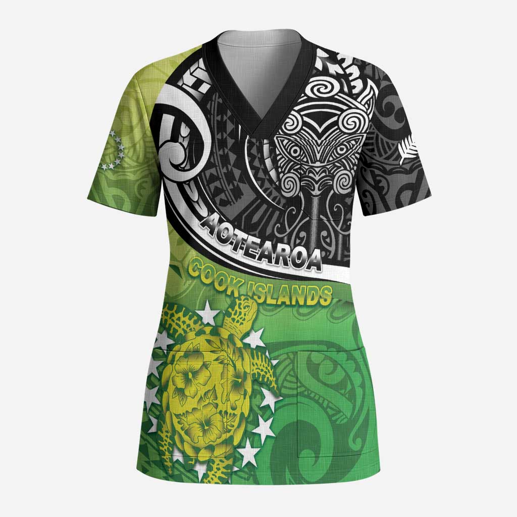 Custom New Zealand Cook Islands Scrub Top Maori Tiki With Circle Stars Turtle - Polynesian Pride