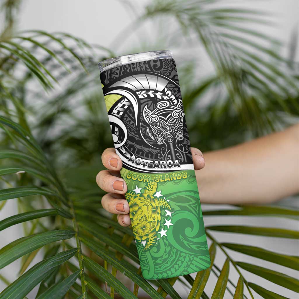 Custom New Zealand Cook Islands Skinny Tumbler Maori Tiki With Circle Stars Turtle - Polynesian Pride