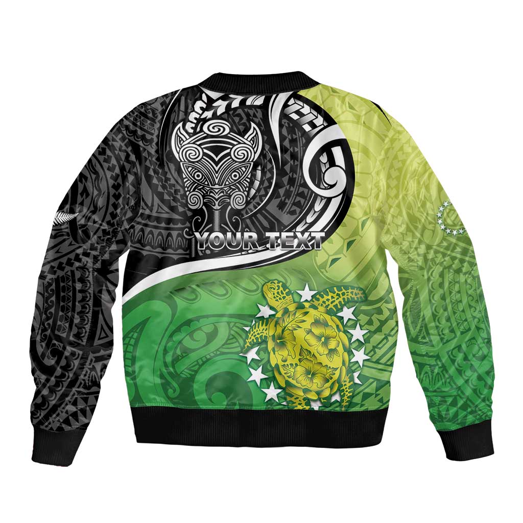 Custom New Zealand Cook Islands Sleeve Zip Bomber Jacket Maori Tiki With Circle Stars Turtle - Polynesian Pride