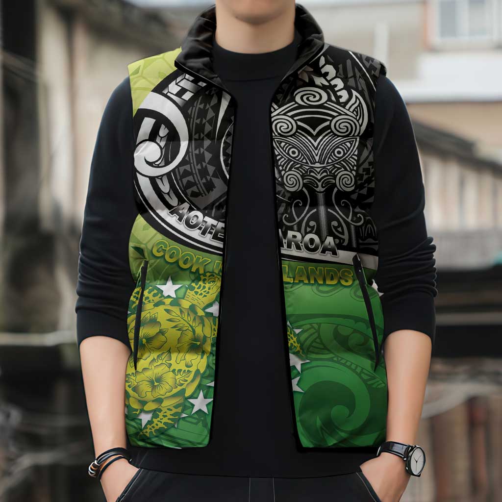 Custom New Zealand Cook Islands Sleeveless Puffer Jacket Maori Tiki With Circle Stars Turtle - Polynesian Pride