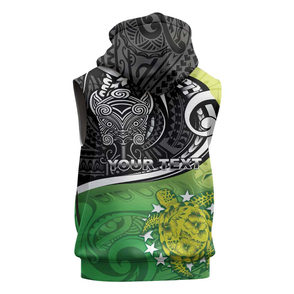 Custom New Zealand Cook Islands Sleeveless Zip Hoodie Maori Tiki With Circle Stars Turtle - Polynesian Pride