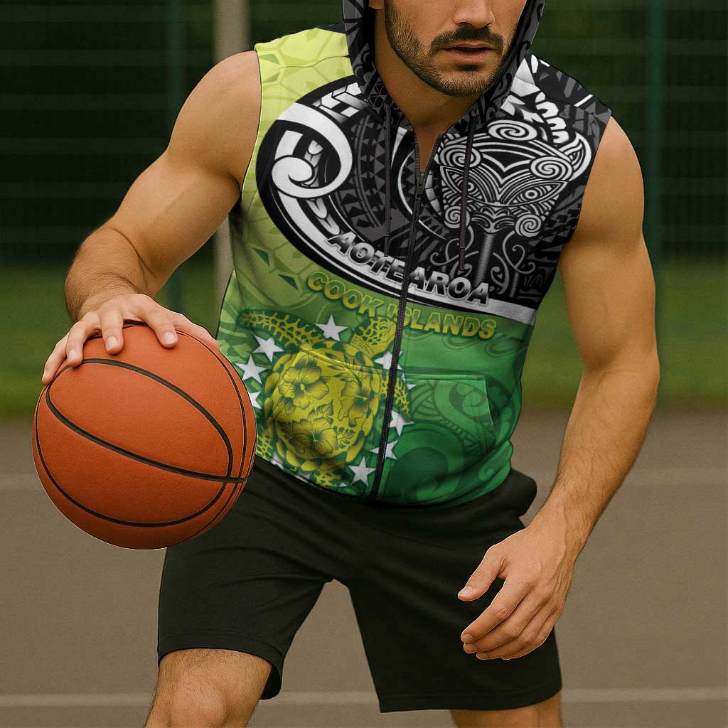 Custom New Zealand Cook Islands Sleeveless Zip Hoodie Maori Tiki With Circle Stars Turtle - Polynesian Pride