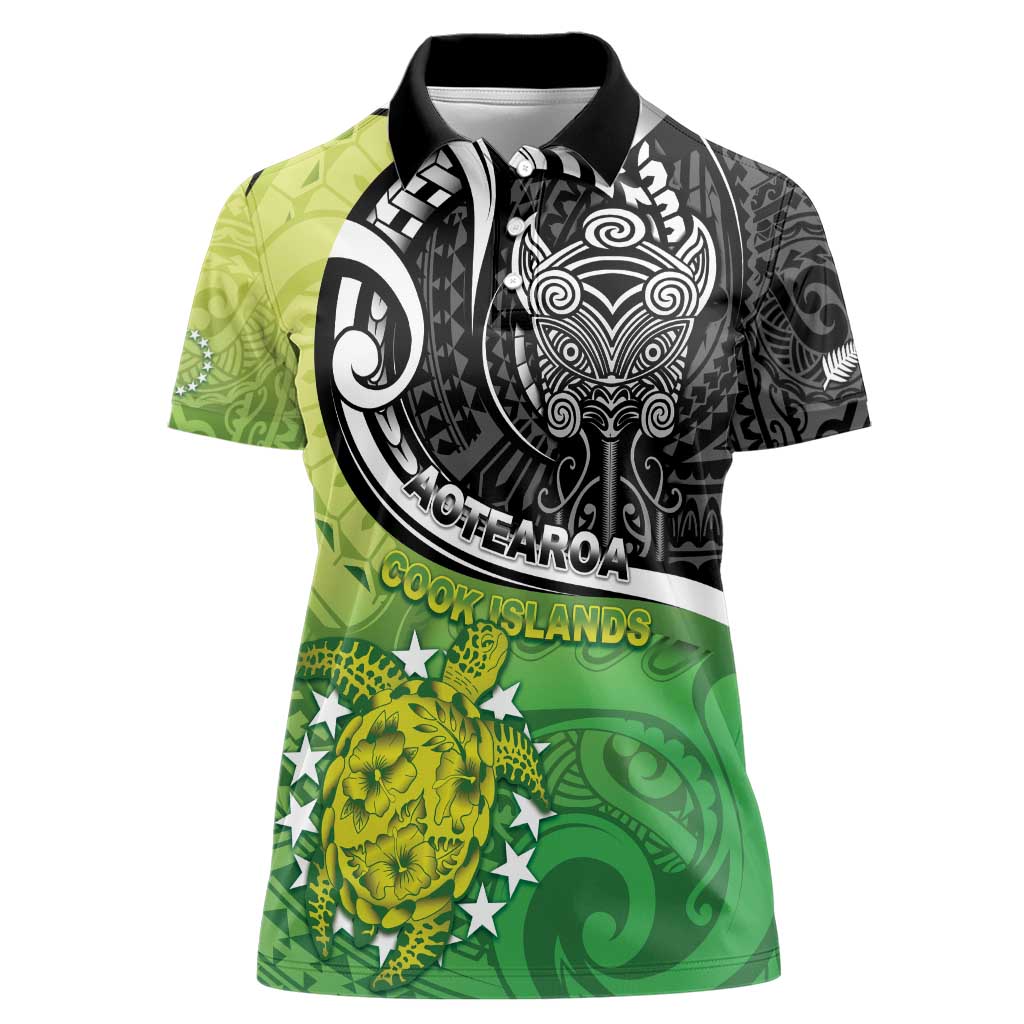 Custom New Zealand Cook Islands Women Polo Shirt Maori Tiki With Circle Stars Turtle - Polynesian Pride
