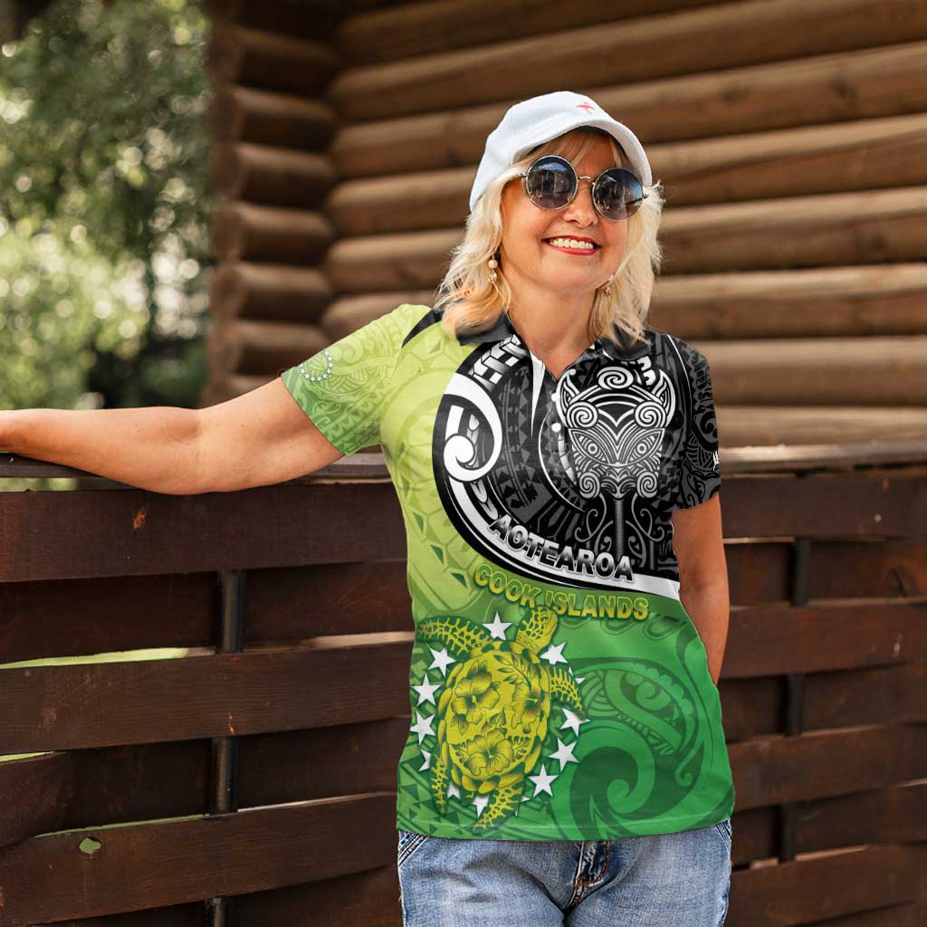 Custom New Zealand Cook Islands Women Polo Shirt Maori Tiki With Circle Stars Turtle - Polynesian Pride