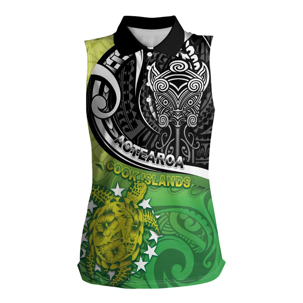 Custom New Zealand Cook Islands Women Sleeveless Polo Shirt Maori Tiki With Circle Stars Turtle - Polynesian Pride