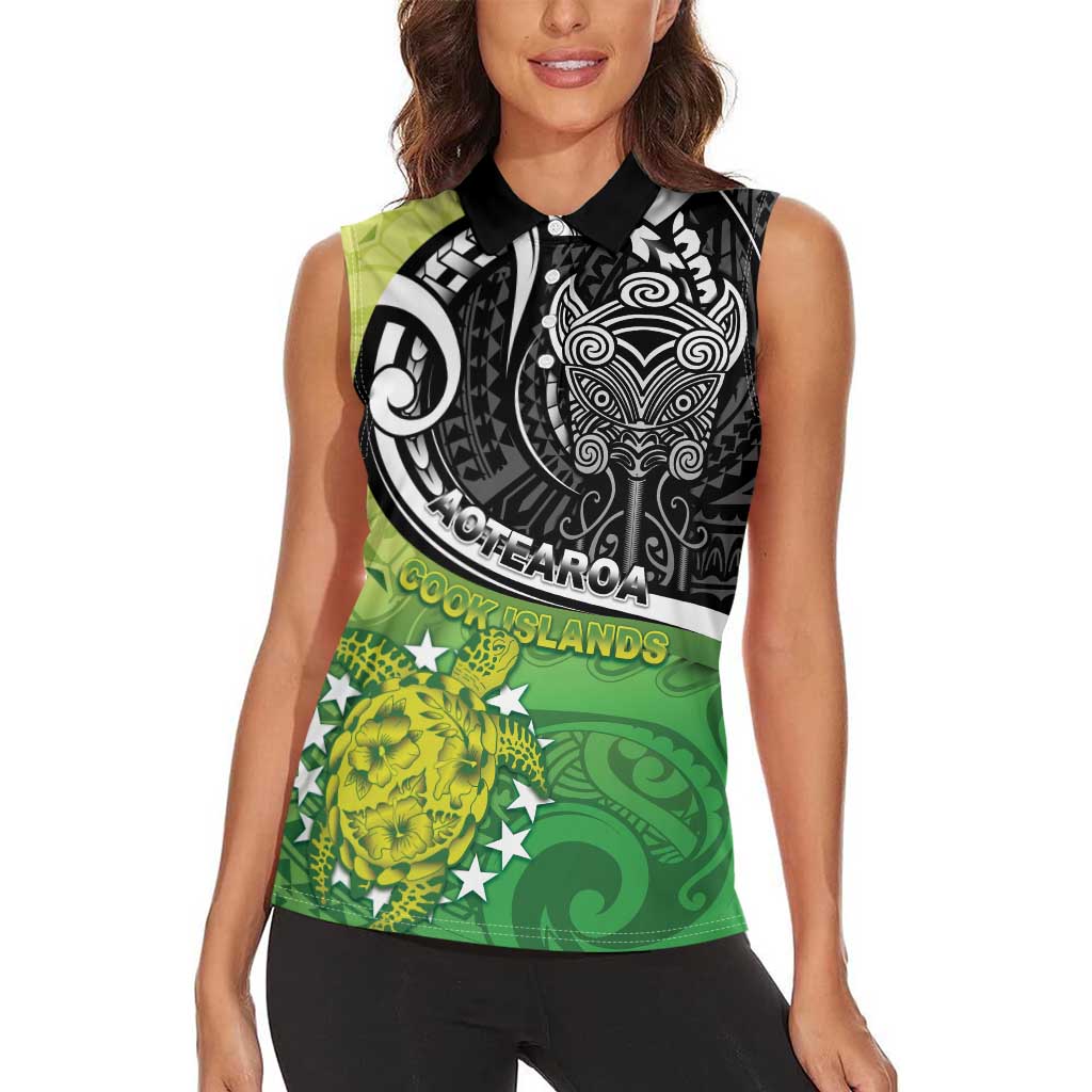 Custom New Zealand Cook Islands Women Sleeveless Polo Shirt Maori Tiki With Circle Stars Turtle - Polynesian Pride