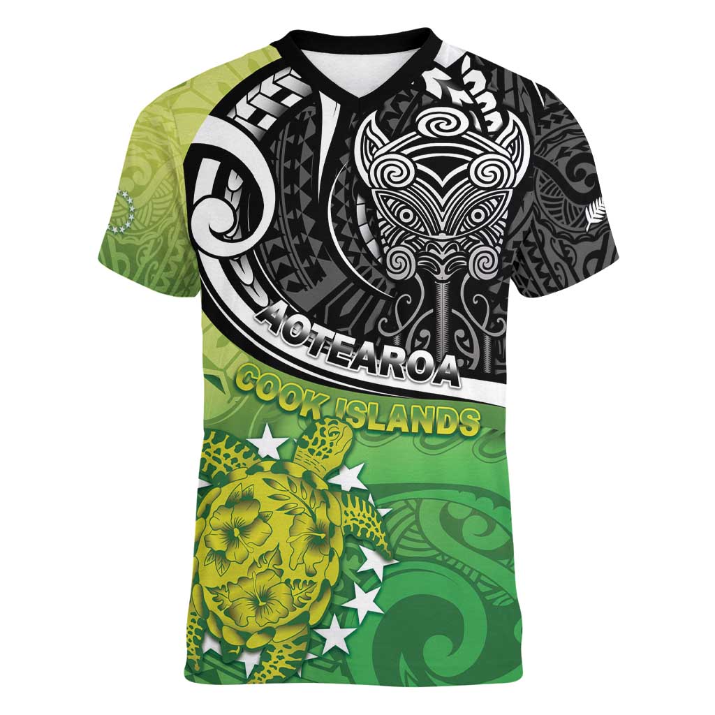 Custom New Zealand Cook Islands Women V-Neck T-Shirt Maori Tiki With Circle Stars Turtle - Polynesian Pride