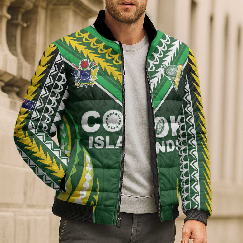 Custom Cook Islands Rugby Bomber Puffer Jacket Unique Style Green Version - Polynesian Pride